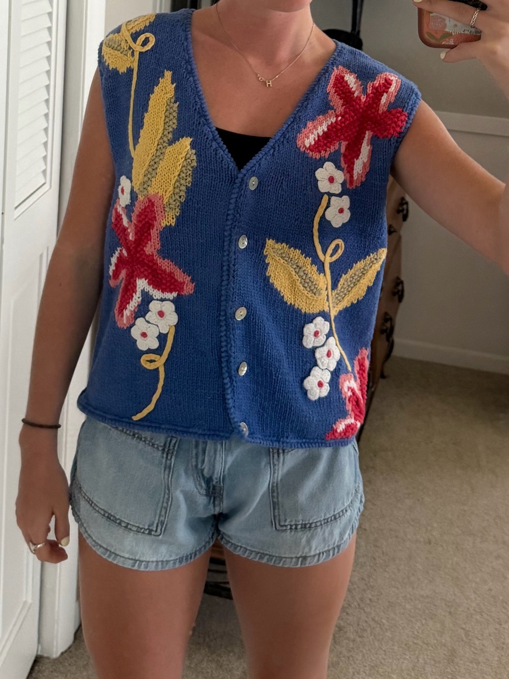 VINTAGE Susan Bristol Royal Blue Floral Knit Button-Front Vest